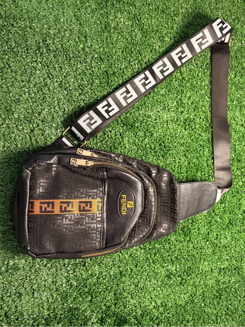 Fendi Black Monogram Sling Bag with Orange-Brown Stripe